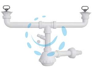 SIFONE MOPLEN A FIASCO 2 VIE CON SCARICO E PILETTE - 1"1/2 per lavello ceramica - Marca - Cod: 24983