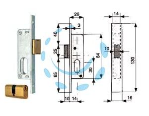 SERRATURA DA INFILARE PER MONTANTI SOLO SCROCCO CON CILINDRO 904 - mm.14 (904.14.1) - Marca MG - Cod: 52610