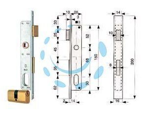 SERRATURA INFILARE PER MONTANTI CATENACCIO E SCROCCO CON CILINDRO 911 - mm.14 (911.14.1) - Marca MG - Cod: 53358