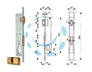 SERRATURA DA INFILARE PER MONTANTI CATENACCIO E RULLO CON CILINDRO 913 - mm.14 (913.14.1) - Marca MG - Cod: 53402