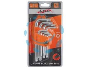 CHIAVI MASCHIO TORX CON FORO TIPO CORTO CROMO VANADIO IN SERIE 9 PEZZI - Marca ALTE - Cod: 141437