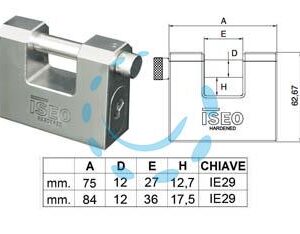 LUCCHETTO IN ACCIAIO RETTANGOLARE UNA BOCCA "CLARUS" - mm.75 (P2407513S) - Marca ISEO - Cod: 321211